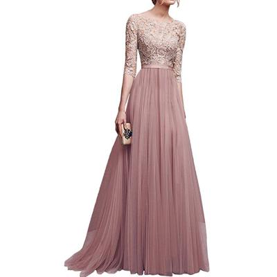 China New Women's Washable Vintage Solid Color Mid Length Sleeve Elegant Chiffon Maxi Evening Dress for sale