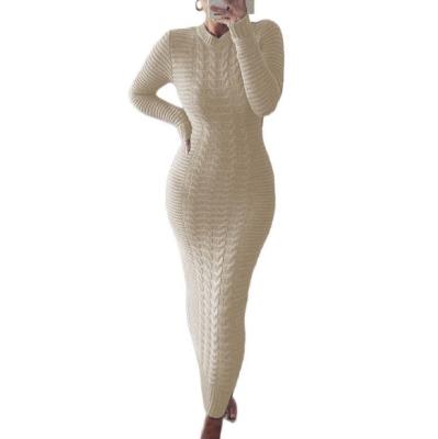 China Women's Breathable Solid Color Long Sleeve Knitted Sweater Maxi Dress for sale