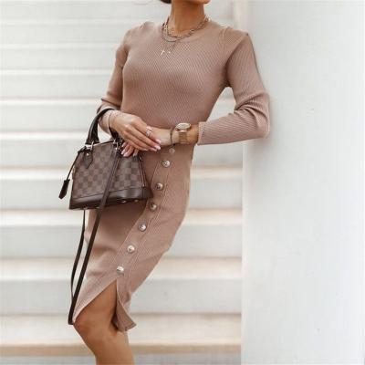 China New Fashion Solid Color Washable Long Sleeve Knit Crew Neck Slit Skirt Casual Dress Slim Bodycon Women Skirt One-Step Dress for sale