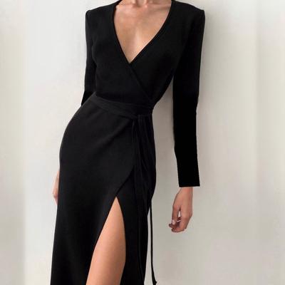 China 2021 New Viable High Quality Black V-Neckline Long Sleeve Bodycon Club Club Dresses Women Luxury Clothing 2021 for sale