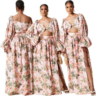 China New Design Breathable Hot Sale Amazon Long Sleeve Printed Flora 2 Piece Set Women Dress Crop Dresses for sale