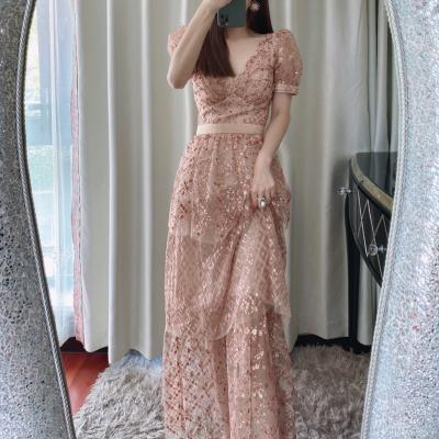 China New Breathable Women's Clothing Korean Mesh Sequin Embroider Gold Cake Layer Dress Long Lady Evening Dress for sale