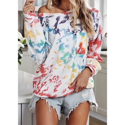 China 2021 Latest Design Anti-wrinkle Wholesale Fashionable Long Sleeves Tie Dye Loose Off Shoulder Top Pullover for sale