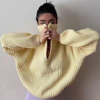 China Fall Breathable Women 2021 Causal Women's Clothing Half Zipper Sweaters Tops Loose Knitting Pullover Women's Half High Collar Sweater Sweaters for sale