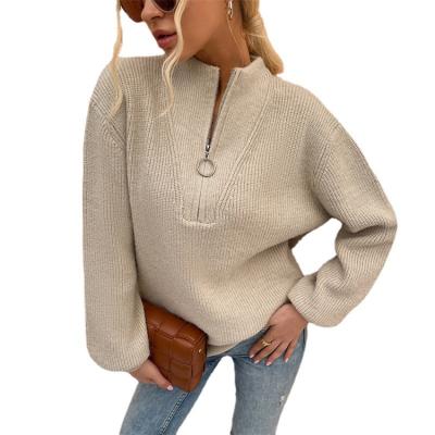 China New Style Autumn and Winter V-Neck Zipper Sweater Fashion Solid Color Lantern Sleeve Casual Sweater Anti-pilling for sale