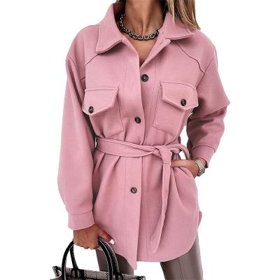 China Women's Fashion Lace Up Coat Long Sleeve Overcoat Autumn Coat Slim Collar Casual Solid Breathable Single Breasted Turn-Down Outerwear Women for sale