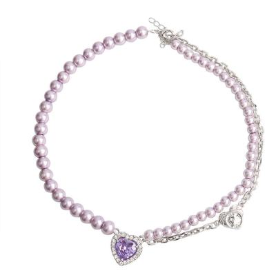 China TRENDY High Quality Purple Heart Bead Crystal Pendant Chain Necklace For Women Fashion 2021 New for sale