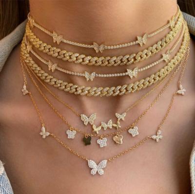 China 2021 Hot Sale TRENDY 18K Real Gold Plated Jewelry Cuban Link Chain Necklace Luxury Zircon Butterfly Layered Necklace For Women for sale