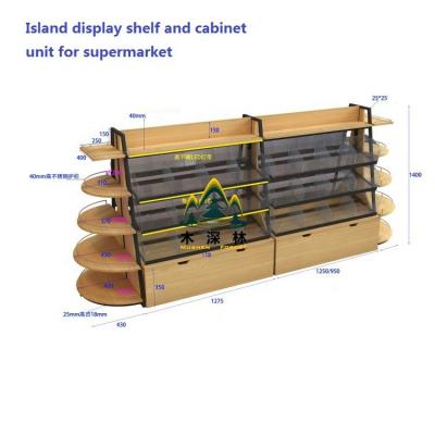 China Environmental friendly supermarket island display stand with storage cabinet perfect for candy and snack sales and promotion for sale