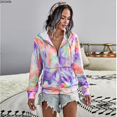 China ZACAVIA Autumn Women Viable Tie Dyed Pocket Zipper Cardigan Casual Hooded Hoodies For Women Sports Drawstring Hoodies for sale