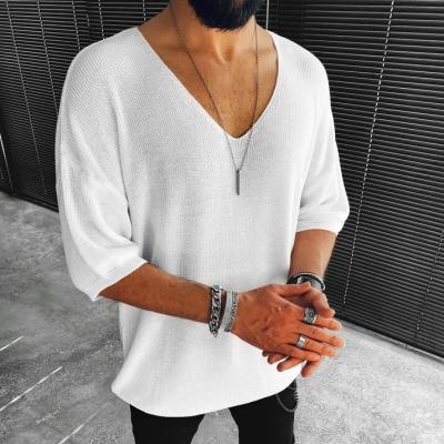 China New Anti-Wrinkle Mens Tees Loose Fit Solid Color V-Neck Casual Half Sleeve Knitted T-Shirt for sale