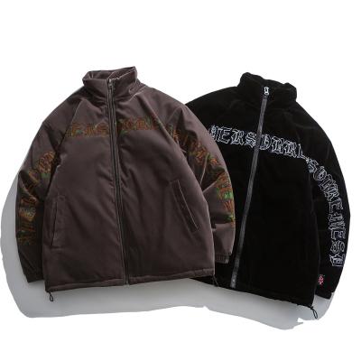 China Sustainable Mens Winter Warm Padded Jacket Zipper Down Vintage Letter Print Fleece Jackets for sale