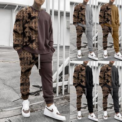 China 2021 Thermal Men's Colorblock Casual Two Piece Set Fashion Print Crewneck Sweatshirt Sweatpants for sale