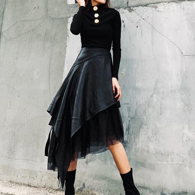 China Autumn New Viable PU Leather Skirt In The Long Section Of The High Waist Long Mesh Skirt Irregular A Line for sale