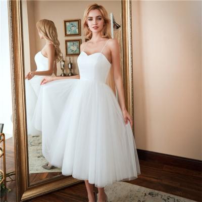 China Mid Length Yarn Wedding Dress Female Single Sling Mid Length Evening Dress For Woman Round Custom Made Evening Dress for sale