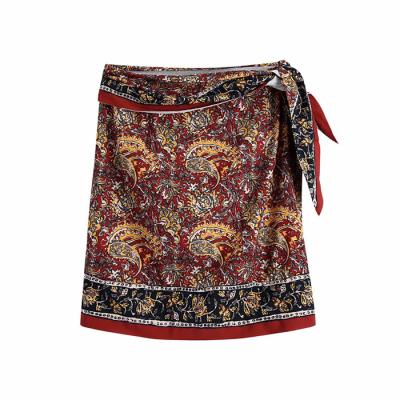 China Breathable National Print Crossed High Waist Mini Skirt Ladies Skirts for sale