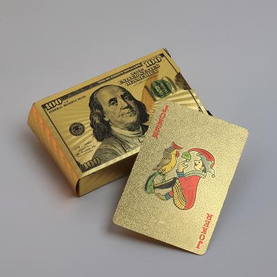 China Custom Casino Gold Foil Pokers/Advertising Playing Cards Dollar Plastic Waterproof Poker Deck/Souvenir/24K Gold Gift Pack for sale