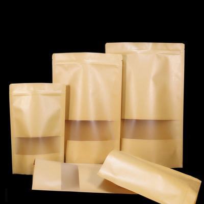 China Recyclable Recycle Flat Bottom Ziplock Dried Biodegradable Brown Kraft Paper Food Packaging Bag With Window for sale