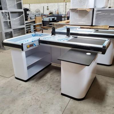 China Cold Rolled Steel Supermarket Checkout Counter With Conveyor Belt for sale