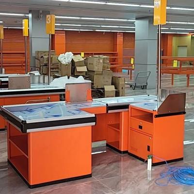 China Outdoor Stainless Steel Supermarket Equipment Store Furniture Cashier Checkout Counter Table Design for sale