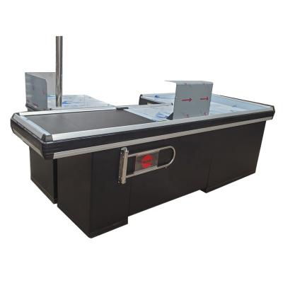 China Supermarket design retail cold rolled steel cashier counter table with conveyor belt for sale for sale