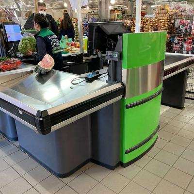 China 2021 brand new cold rolled steel checkout counter with conveyor belt supplier for custom for sale