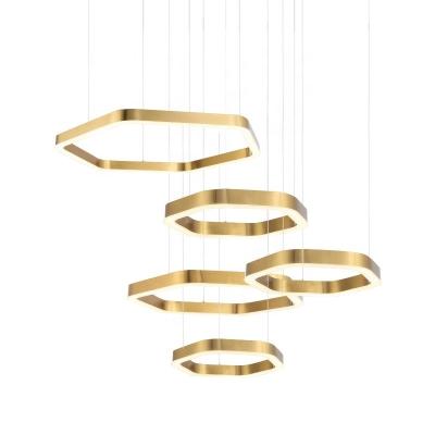 China Modern Simple Gold Hexagon Chandelier Dimmable Hanging Lamps Led Ceiling Creative Irregular Hotel Pendant Light for sale