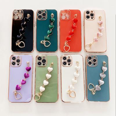 China New Luxury Shockproof 6D Plating Phone Case For iPhone 14 13 12 11 pro XS Max XR 7 8 Plus Soft TPU Back Cover With Love Lanyard for sale