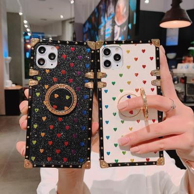 China Luxury Bling Glitter Love Heart Square Shockproof Phone Case for iPhone 14 13 12 11 pro XR max XS 7 8 plus with Ring Holder for sale