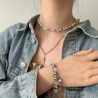 China Hot Sale Vershal B-47 FASHIONABLE Double-Layer Crystal Beads Necklace Cross Pendant Stainless Steel Necklace For Women for sale