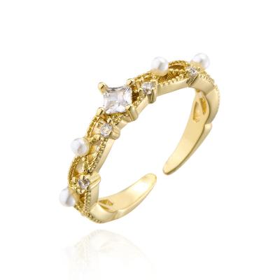 China FASHIONABLE Vershal C-17 Engagement Ring 18k Real Gold Plated Delicate Inset Pearl Beads Adjustable CZ Ring for sale