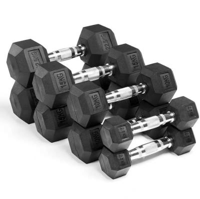 China Eco-Friendly Power Hex Weights Dumbbells Set For Exercise And Fitness Fitness Rubber Hex Dumbbells 5kg 10kg 20kg 40kg for sale