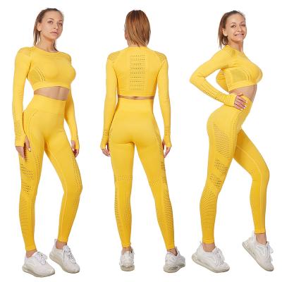 China Design Breathable Warm Hollow Out Yoga Long Sleeve Seamless Pants Fitness Workout Clothes Women's Tracksuits Set for sale