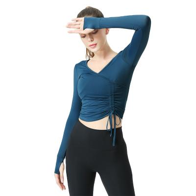 China Breathable Women Long Sleeve Yoga Crop Fitness Gym Yoga Shirts Drawstring Workout Top Clothes for sale