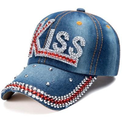 China JOINT Washed Denim Bling Baseball Hats Hats With Multi Colored Rhinestones And Pearls Logo for sale