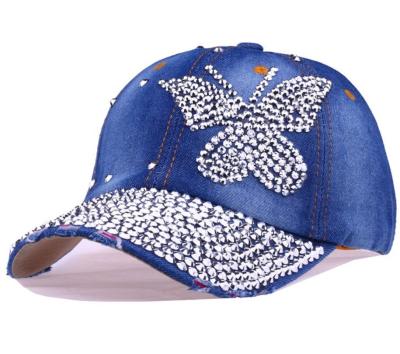 China Women Girls Cotton Denim Bling COMMON Baseball Hats Covers With Rhinestones And Butterfly Crown Studs for sale