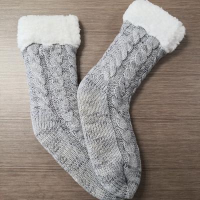 China Women Anti-Slip Women Ladies Cable Knitted Thick Warm Plush Winter Sherpa Striped Anti-Slip Floor Room Indoor Home Living Room Slipper Socks for sale