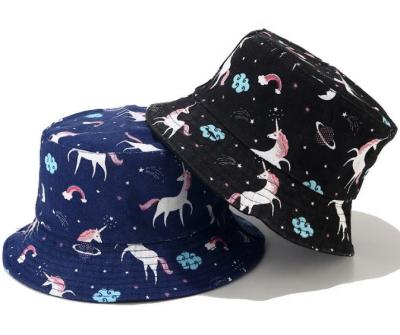 China Character Ladies Love Unicorns Reversible Cotton Canvas Bucket Hats for sale