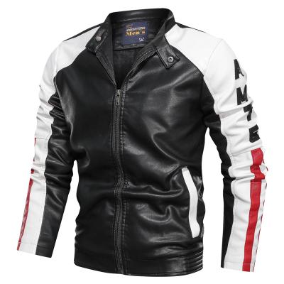 China Plus Size Stand Collar Washed Men Color Matching Slim Biker Custom Leather Bomber Jacket for sale