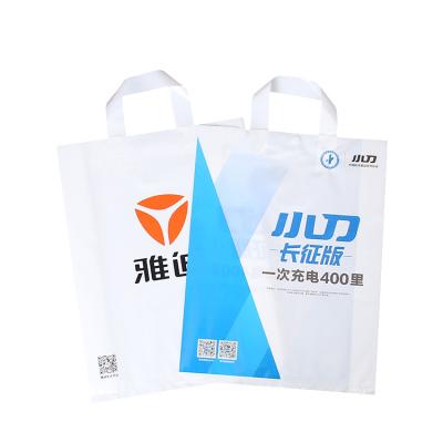 China Recyclable Logo Printed Packaging Promotional Shopping PE Plastic Tote Bag Custom With Soft Loop Handle for sale