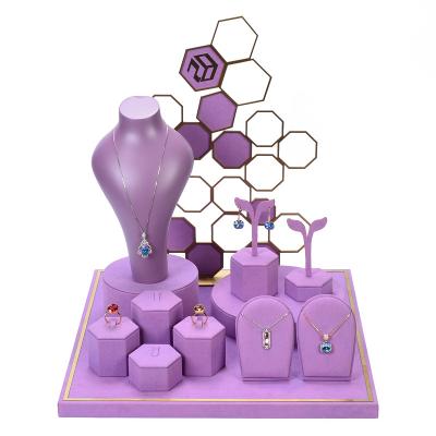 China Custom Microfiber Jewelry Packaging Display Microfiber Earring Ring Jewelry Display Stand Purple Set for sale