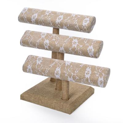 China Wholesale Custom Jewelry Packaging Display Color MDF Wooden Jewelry Bangle Display Stand Canvas Lace Surface Bangle Holder Rack for sale