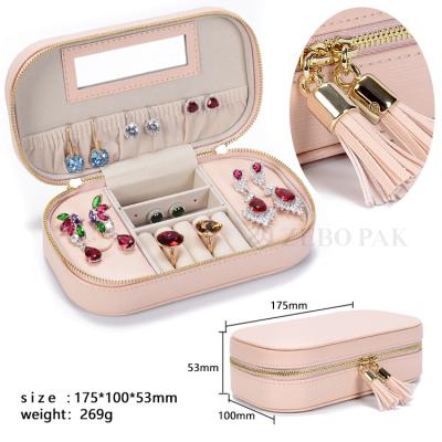 China Jewelry Display Box Small Travel Leather Jewelry Organizer Packaging Storage Case with Mirror for Rings Earring Necklace Gifts for Women for sale