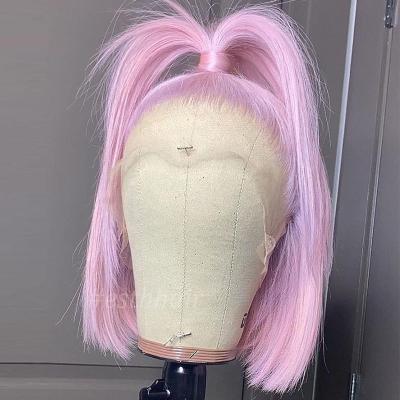 China Quality Silky Straight Short Wave Virgin Pink Color Cuticle Aligned Bob Cut Brazilian Human Hair Lace Band Wig Pre Plucked Hair Lace Wig Vendors for sale