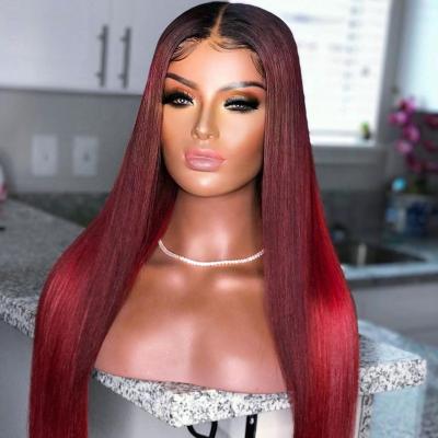 China Colored Straight Peruvian Human Hair Wigs Front 22inch 130%Density Lace Front Human Hair Wigs With Black Roots Ombre Red Wig For Women for sale