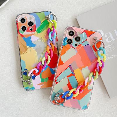 China For iphone 12 pro max case for new luxury girls graffiti flower pattern bracelet chain wrist strap phone case for iphone 11 max tpu transparent cover 12 pro 8 7 6 for sale