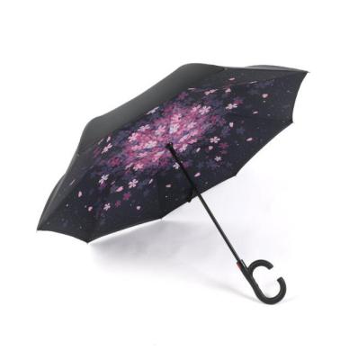 China Europe Straight Reverse Umbrella Inside Full Print Double Layer Handle Flower Print Custom C Shaped Upside Down Logo Inside Umbrellas for sale