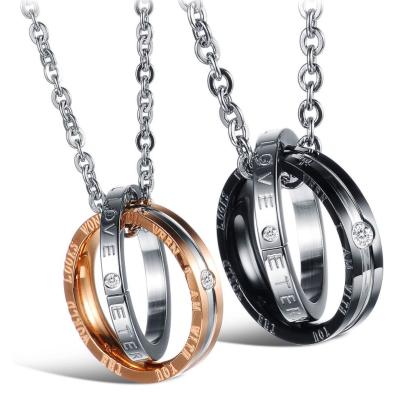 China Fashionable Classic Zircon Stainless Steel Jewelry Personality Selling Double Rings Couples Necklace For Lover for sale