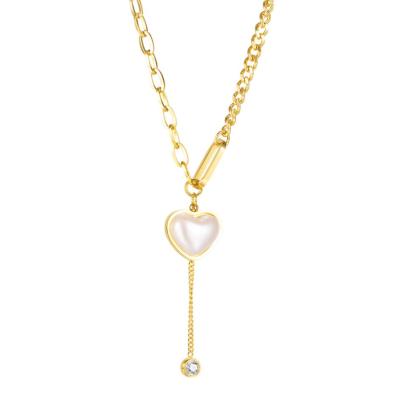 China Korean Fashion Jewelry New Elegant Gold Plated Stainless Steel Pearl Heart Pendant Necklace for sale