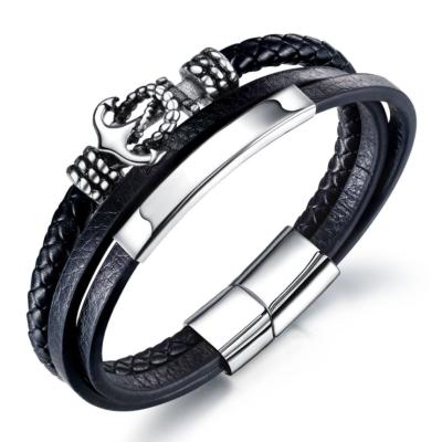 China New Fashion Jewelry TRENDY Anchor Stainless Steel Magnet Buckle Men Multilayer Braided Leather Bracelet for sale